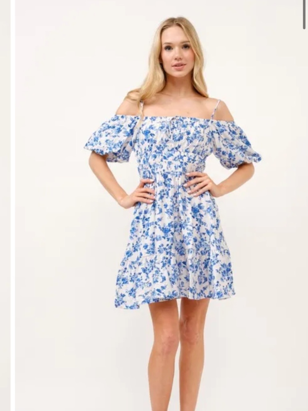 Blue Floral Off-Shoulder Mini Dress with Puff Sleeves